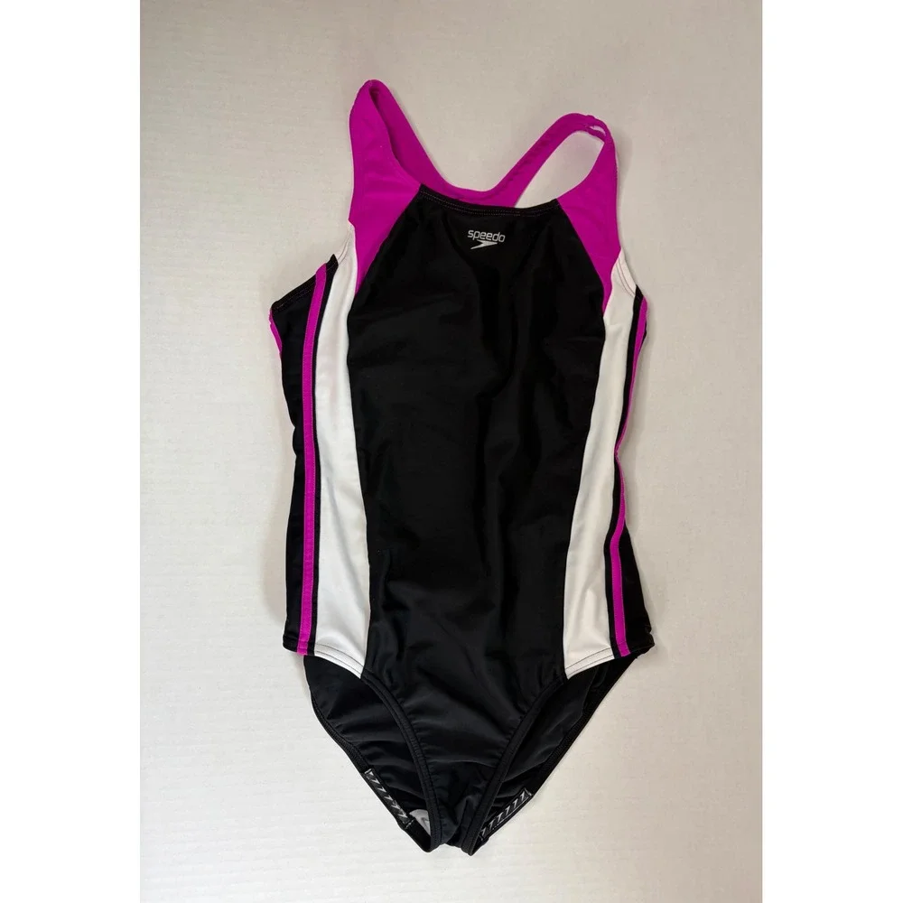 Speedo Girls Swimsuit Size 16 Black Pink White Racerback One Piece Athletic Swim